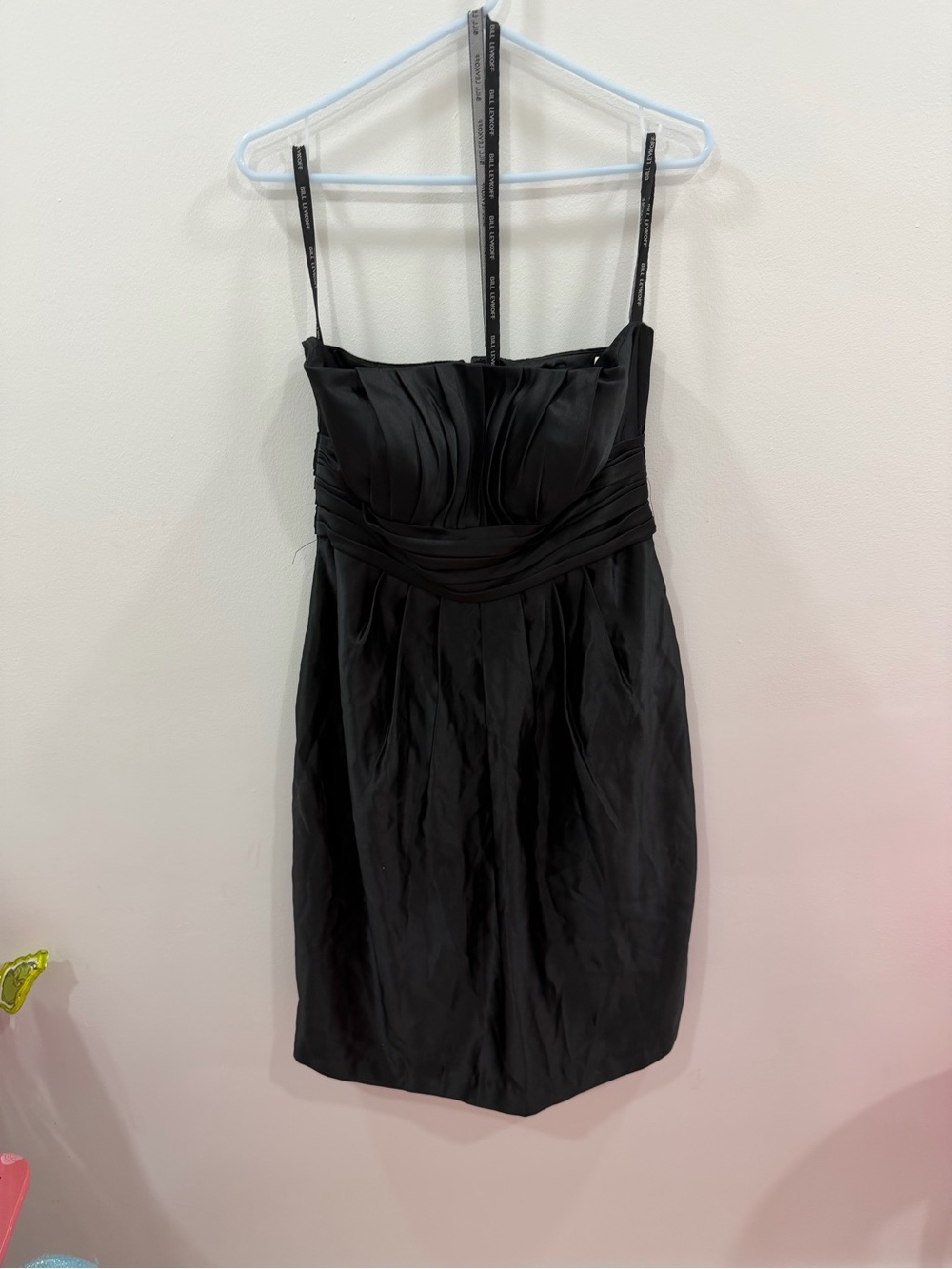 Bill Levkoff Black Satin Mini Dress with Pleated Waistband size 10
